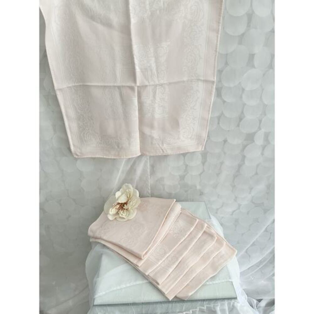 Vintage MCM Double Damask Pale Pink Napkins Chrysanthemums Floral Set Of 8